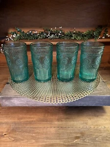 Set of 4 Pioneer Woman "Adeline" Turquoise 16 oz Flat Tumbler Glass 5 3/4" NICE - Picture 1 of 7