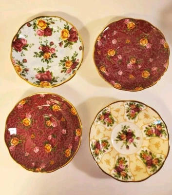 4 Royal Albert Bone China  Saucers Blue Damask Ruby Lace & Rose Cameo Peach - Image 1 of 4