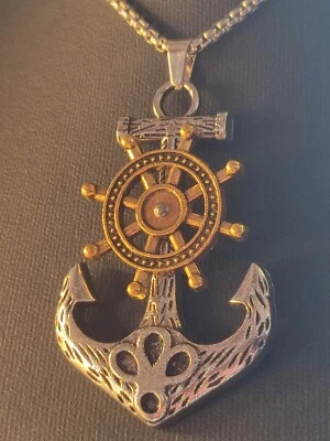 Anker Seemann Halskette in Silber / Gold Glücksbringer Talisman Steuerrad Groß - Bild 1 von 4