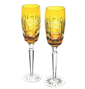 2 AJKA Amber Gold Cased Cut to Clear Crystal Wine Champagne Flutes Goblets New - Picture 1 of 2