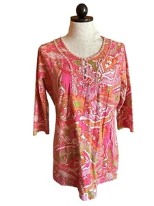 Soft Surroundings Women's Long Sleeve Tunic Pink Paisley Stretch M Beadwork - Picture 1 of 8