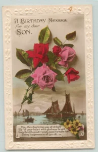 Postcard, Birthday messgae for my dear son, Flowers, Poem, Pink roses, embossed - Picture 1 of 2