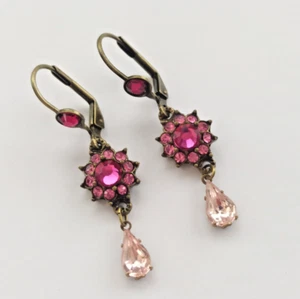 Michal Negrin Earrings Dark Pink With Sparkly Swarovski Crystals Dainty Flower - Picture 1 of 8