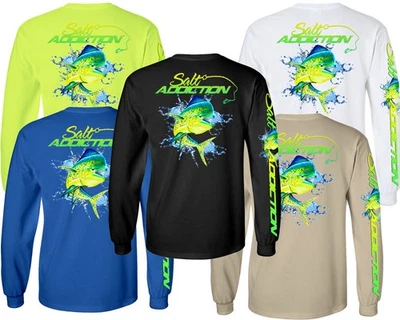Salt Addiction Saltwater Dolphin Fishing Long Sleeve T Shirt Mahi Mahi Cotton - Image 1 of 4