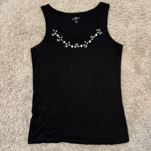 LOFT Jewel Embellished Tank Top Women’s XS Petite XSP Black Sleeveless Cotton - Picture 1 of 8