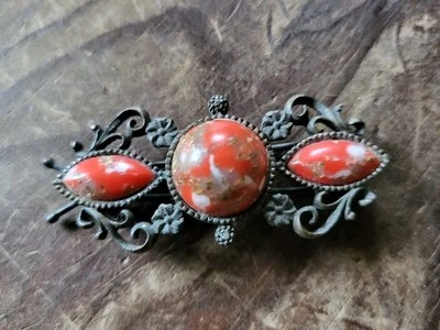 Antique Victorian Ornate Metal Ladies Red White Gold Stone Hair Barret Clip Rare - Image 1 of 4