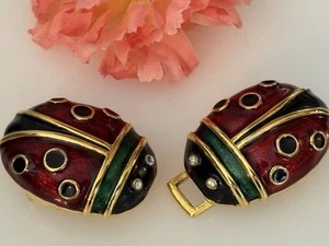 Vintage Womens Lady Bug Belt Buckle Interlocking Enamel Rhinestones Gold Tone - Picture 1 of 24