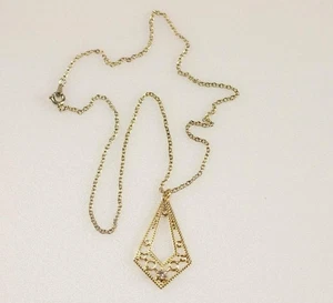 Gold-Tone Geometric Filigree Pendant Necklace with White Crystal 17" Chain - Picture 1 of 7