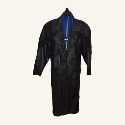 Abrigo largo vintage COMINT de cuero negro en relieve talla mediana Foto 1 de 4