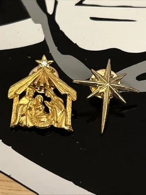 Vintage Nativity Lapel Pin w/ Gold Tone Christmas Manger & Rhinestone Star - Image 1 of 4