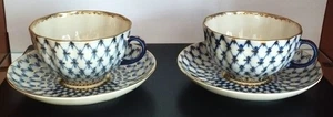 Stunning pair Imperial Porcelain Russian Lomonosov Cobalt Net Tea Cup & Saucer - Picture 1 of 4