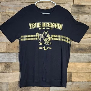 True Religion Shirt Mens Large Black Gold Logo World Tour Buddha Graphic T-shirt - Picture 1 of 7