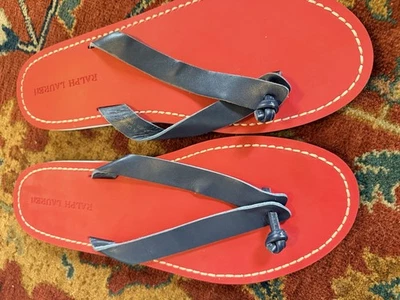 Polo Ralph Lauren Nuevo Rojo con Correa de Cuero Azul Sandalias Tanga Talla 11 Foto 1 de 4