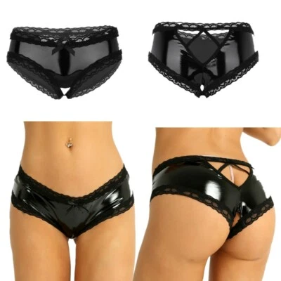 Damen Hot Pants Glänzend offener Schritt Bikini Slips mit Rüsche Strings Shorts - Bild 1 von 4