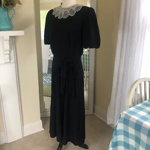 Vtg 80s Westminster Lace Black Maxi Dress W/White Crochet Collar Modest Size 12 - Picture 1 of 10