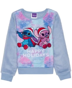 Disney Little Girls Stitch Happy Holidays Long Sleeve Plush Pullover Sweatshirt - Picture 1 of 3