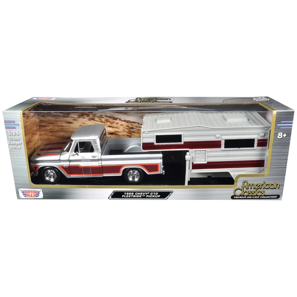1966 CHEVROLET C10 FLEETSIDE PICKUP SILVER W/CAMPER 1/24 BY MOTORMAX 75330-73355