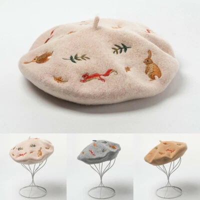 Mujeres Lana Cachemira Boina Sombrero Gorra Invierno Suave Cálido Lindo Bordado Artista Boina Foto 1 de 4