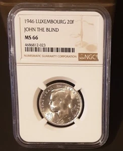 1946 LUXEMBOURG SILVER 20 FRANCS JOHN THE BLIND NGC MS 66 - Picture 1 of 2