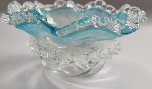 Antique VICTORIAN Blue Clear GLASS DISH FINE THREADING APPLIED FRILLED RIM - Picture 1 of 9