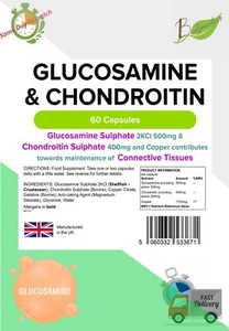Glucosamine & Chondroitin Connective Tissues Body Joints (60 Capsule) LINDENS UK - Picture 1 of 14