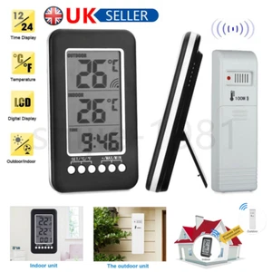 Digital LCD Indoor Outdoor Thermometer Clock Wireless Temperature Meter Room UK - Picture 1 of 12