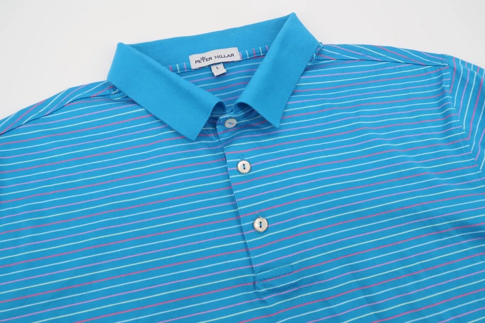 Peter Millar Mens Large Blue Striped Golf Performance Cotton Polo Shirt - Image 1 of 4