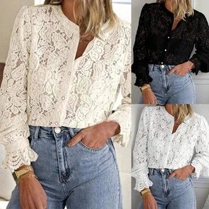 Women's Lace Long Sleeve Casual Blouse Shirt Tops Ladies Button Down Blouses Tee - Picture 1 of 14