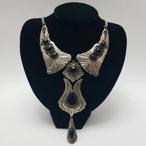 Vtg Style Tibetan Necklace Black Faux Onyx Bib Statement Silvertone Boho Chunky - Picture 1 of 10