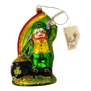 Hand Blown Glass Leprechaun Ornament Rainbow Pot of Gold Irish Christmas - Picture 1 of 4