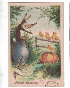 Coniglio pasquale suona violino pulcini cantano su recinzione glitter affilato 1910 - Foto 1 di 2