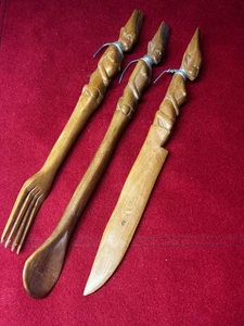 VINTAGE AFRICAN TRIBAL HAND CARVED WOOD SERVING UTENSILS SET OF 3 - Picture 1 of 9