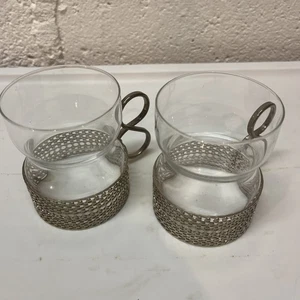 Vintage Littala Tsaikka Finnland Tee Kaffeetassen Glas & Metall Sarpaneva 2er Set - Bild 1 von 5