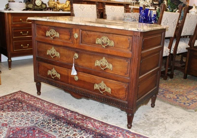 French Antique Louis XVI Mahogany Chest | 4 Drawer Marble Top Dresser /Sideboard - Image 1 of 4
