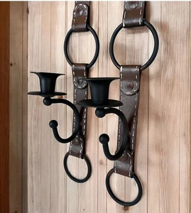 2er Set Western Trense Lederoptik Metall Kerzenhalter Wanddeko 20" hoch - Bild 1 von 6