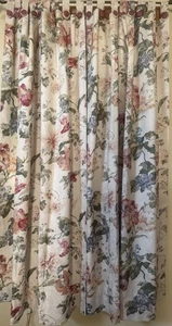 2 ELEGANT CUSTOM MADE WHITE LINED FLORAL PANELS CURTAINS EA 50”X65” TABS BUTTONS - Picture 1 of 21
