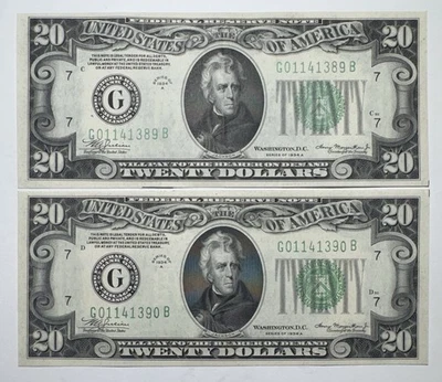 1934 A $20 Federal Reserve Note, Chicago, Illinois- 2 Consecutive S/N AU - Image 1 of 2