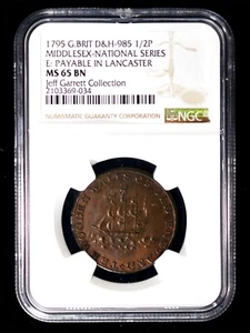 NGC MS65 1795 Great Britain Middlesex. National Series copper 1/2 Penny Token. - Picture 1 of 4