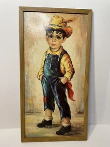 Vintage M. Medeiros 1960s BIG EYE Farm Boy Art Print Framed 13x25 Cottage Ranch - Picture 1 of 11
