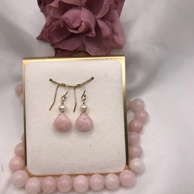 14k GF Pink Opal Earrings Briolette Dangle Pearl Natural Gems - Image 1 of 4