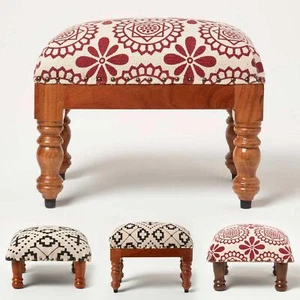 Multicoloured Square & Rectangle Footstool with Wooden Legs Upholstered Footrest - Picture 1 of 23