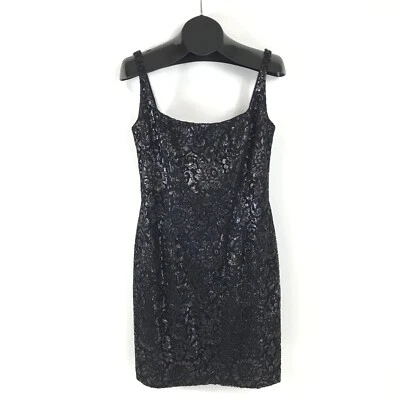 Vestido de cóctel Carmen Marc Valvo floral de encaje para mujer talla 10 negro brillante LBD Foto 1 de 4