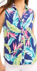 Caribbean Joe Button Front Leaf Navy Floral Sleeveless Top Size Small - Picture 1 of 3