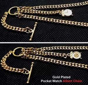 Gold Plated 5 mm Pocket Watch Albert Double Chain With Fob &  T-Bar - Picture 1 of 4