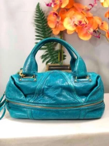 KOOBA Teal Blue Green Leather Bottom Zip Pockets Satchel Bag - Picture 1 of 8