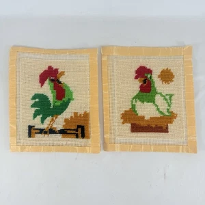 Vintage Needlepoint Rooster Chicken Hen Set Pair MCM Retro Art Kitsch Mod - Picture 1 of 6
