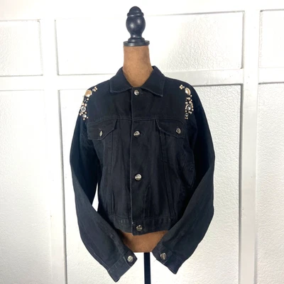 Get Spoiled by Squeeze Black Rhinestone Pearl Embellished Denim Jacket Womens L - Image 1 of 4