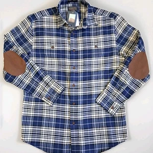 Pendleton Hawthorne Blue Plaid Flannel Shirt Men's Medium Elbow Patch NWT - Picture 1 of 12
