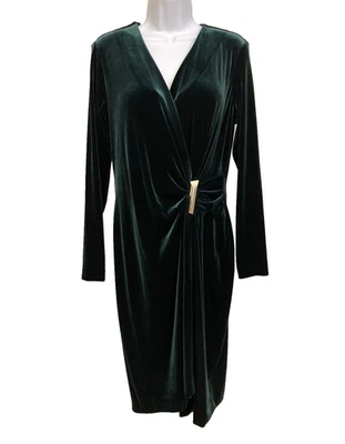 Calvin Klein Sz 12 Dark Green Velvet Long Sleeve Stretch Unlined Party Dress - Image 1 of 4