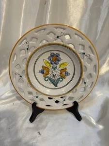 Vintage Hungary Pottery Haban Ceramic Handmade Filigree Wall Plate Flower 9.5” - Picture 1 of 5